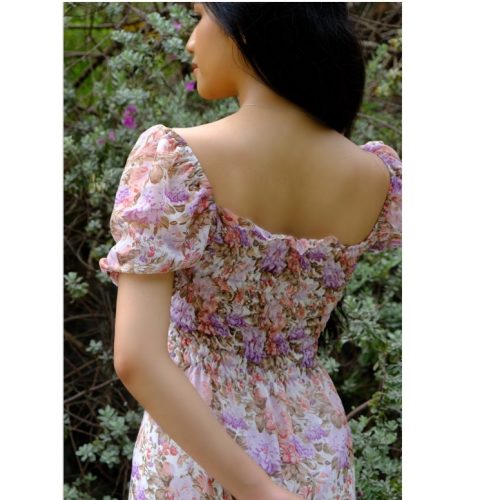 KAMELLIA DRESS - Váy hoa nhí màu tím tay ngắn phồng Lavender cao cấp KAMELLIA