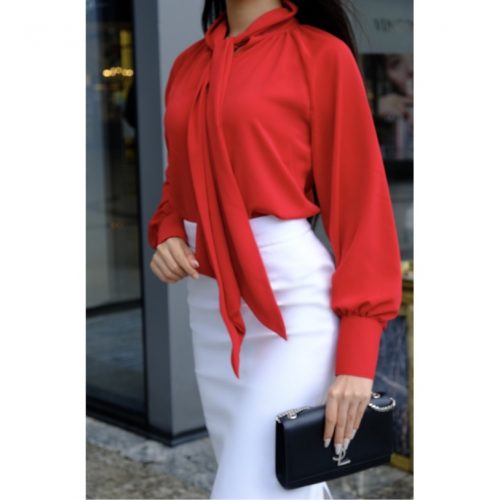 KAMELLIA SET - Áo sơ mi đỏ công sở tay dài cột nơ Maine phối chân váy bút chỉ xẻ tà KAMELLIA