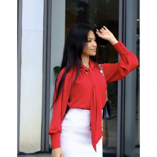 KAMELLIA SET - Áo sơ mi đỏ công sở tay dài cột nơ Maine phối chân váy bút chỉ xẻ tà KAMELLIA