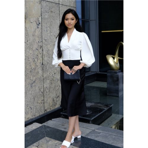 KAMELLIA Shirt - Áo sơ mi nữ màu trắng công sở cổ tim tay phồng Joella