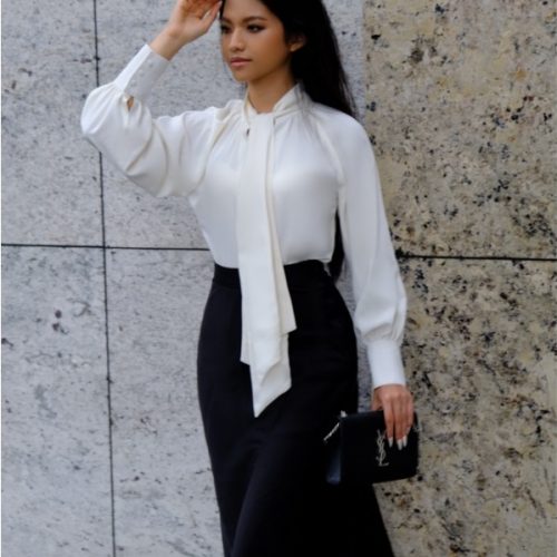 KAMELLIA SET - Áo sơ mi trắng kem công sở tay dài cột nơ Maine White phối chân váy bút chỉ xẻ tà KAMELLIA