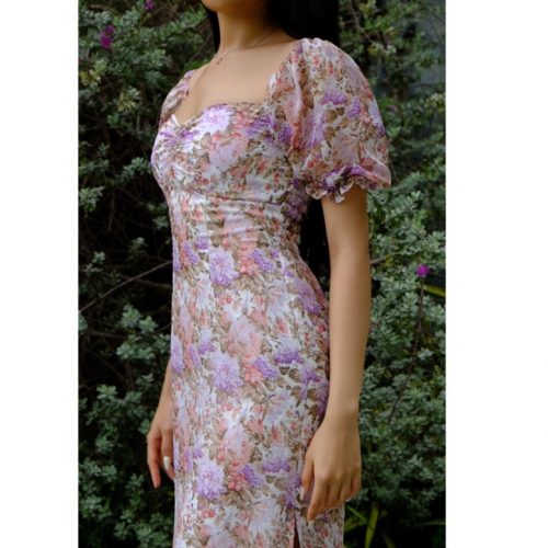 KAMELLIA DRESS - Váy hoa nhí màu tím tay ngắn phồng Lavender cao cấp KAMELLIA