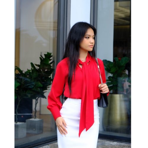 KAMELLIA SET - Áo sơ mi đỏ công sở tay dài cột nơ Maine phối chân váy bút chỉ xẻ tà KAMELLIA