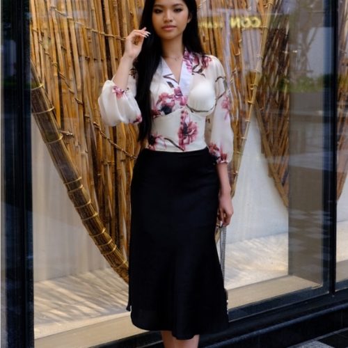 KAMELLIA Shirt - Áo sơ mi nữ hoa màu kem công sở cổ tim tay phồng Juleen