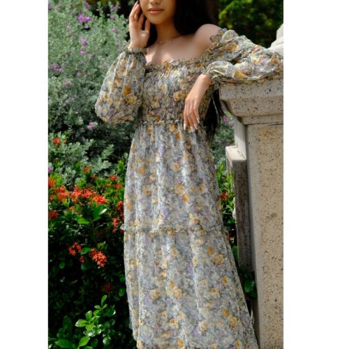 KAMELLIA DRESS - Váy hoa nhí tay dài trễ vai phồng quý cô Pháp cao cấp KAMELLIA