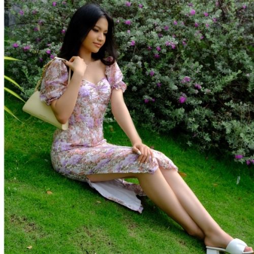 KAMELLIA DRESS - Váy hoa nhí màu tím tay ngắn phồng Lavender cao cấp KAMELLIA