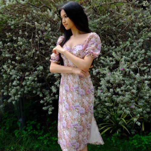 KAMELLIA DRESS - Váy hoa nhí màu tím tay ngắn phồng Lavender cao cấp KAMELLIA