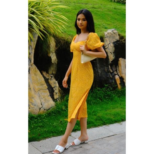 KAMELLIA DRESS - Váy hoa nhí vàng tay ngắn phồng Marguerite cao cấp KAMELLIA