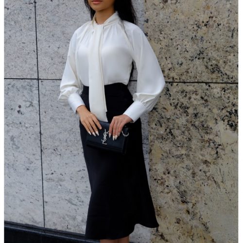 KAMELLIA SET - Áo sơ mi trắng kem công sở tay dài cột nơ Maine White phối chân váy bút chỉ xẻ tà KAMELLIA